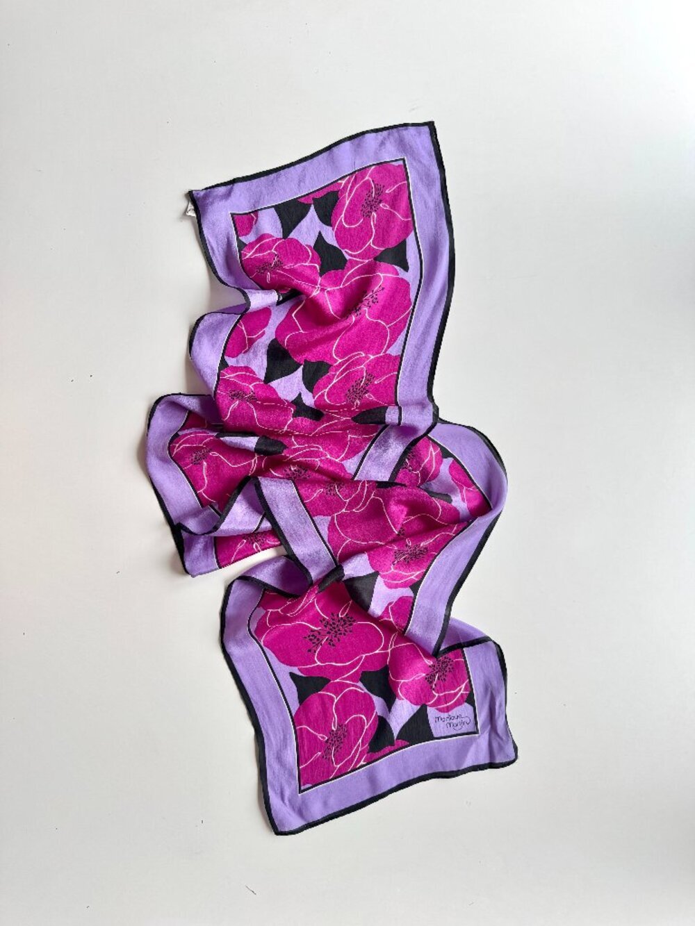 Vintage MONIQUE MARTIN Purple Poppy Floral Silk Crepe 50"x10" Rectangle Scarf